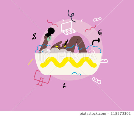 Creative workspace, modern flat vector concept illustration of a woman working sitting with a computer in a bath tube Remote work, flexibility, independence, efficiency, mobility, synergy, freedom Creative workspace, modern flat vector concept illustration of a woman working sitting with a computer in a bath tube Remote work, flexibility, independence, efficiency, mobility, synergy, freedom 118373301