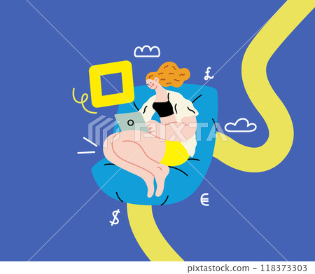 Creative workspace, modern flat vector concept illustration of a woman working sitting with a computer Remote work, flexibility, independence, efficiency, mobility, synergy, freedom Creative workspace, modern flat vector concept illustration of a woman working sitting with a computer Remote work, flexibility, independence, efficiency, mobility, synergy, freedom 118373303