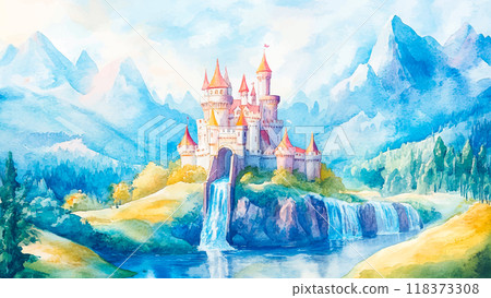 Fairy-Tale Castle Of The Princess On Background Of Meadows And Huge Mountains With Waterfalls Watercolor Illustration For Childrens Book Meadows Majestic Mountains Kids Storybook 118373308