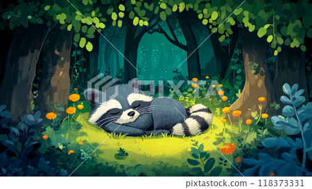 Cute Little Raccoon Sleeping Clearing Woods Cartoon Illustration Childrens Book Adorable Animal Resting Forest Scene Sleepy Raccoon Wildlife Kids Story Nature Background Peaceful 118373331