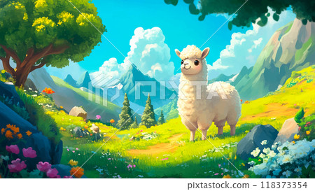 Cute Alpaca Cartoon Illustration For Childrens Book Adorable Character Colorful Friendly Cute Animal Art Playful Cartoon Pet Kids Storybook Furry Creature 118373354