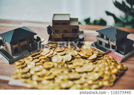 Several model houses and a pile of gold coins 118373440