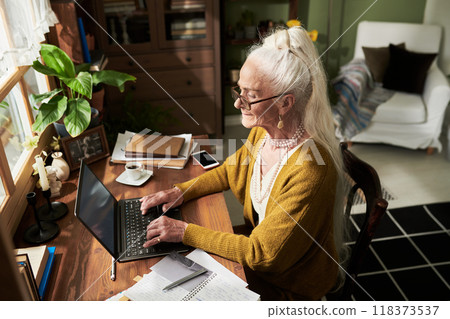 Elderly Woman Working on Laptop in Home Office Elderly Woman Working on Laptop in Home Office 118373537