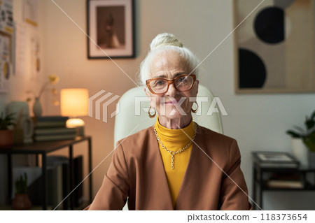 Portrait of Smiling Elderly Woman Seated in Modern Office Portrait of Smiling Elderly Woman Seated in Modern Office 118373654