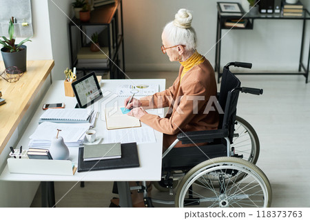 Working Senior Woman Sitting in Wheelchair at Office Desk Working Senior Woman Sitting in Wheelchair at Office Desk 118373763