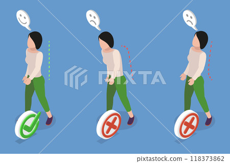 3D Isometric Flat Vector Illustration of Walking Position, Proper Posture for Walking to Reduce Strain 118373862