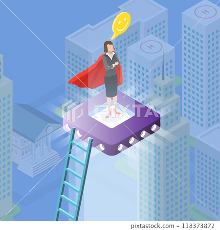 3D Isometric Flat Vector Illustration of Super Businesswoman, Woman Standing on a Top Overlooking Cityscape 118373872