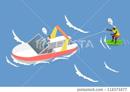 3D Isometric Flat Vector Illustration of Wakeboarding, Extreme Sport in Sea Water 118373877