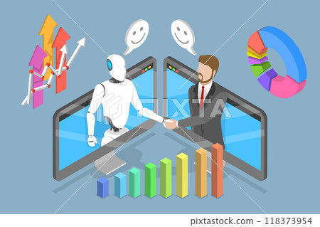 3D Isometric Flat Vector Illustration of Partnership With AI, Artificial Intelligence Robot and Businessman Shaking Hands 3D Isometric Flat Vector Illustration of Partnership With AI, Artificial Intelligence Robot and Businessman Shaking Hands 118373954