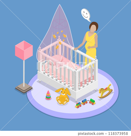3D Isometric Flat Vector Illustration of Pregnancy, Joyful Pregnant Woman Relaxing Near Babys Crib 3D Isometric Flat Vector Illustration of Pregnancy, Joyful Pregnant Woman Relaxing Near Babys Crib 118373958