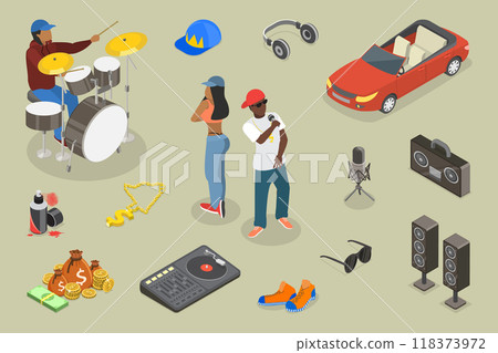 3D Isometric Flat Vector Illustration of Rap Music And Hip-hop Style, Graphic Elements Set 118373972