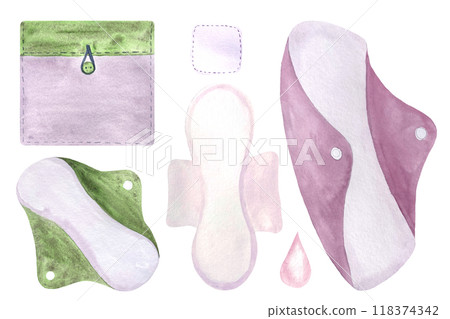 Period pads with a case purple-green, cotton pad watercolor set, menstrual protection items isolated on white. Ideal for ads, packaging, blogs about sustainable lifestyle and choices of a modern women 118374342