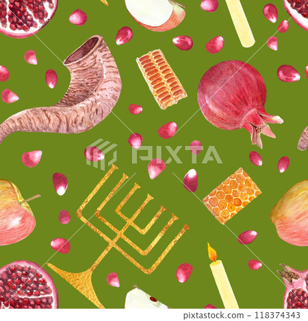 Shofar, menorah, apple, pomegranate, honeycomb and a candle watercolor seamless pattern on bright green background. Hand painted design perfect for Rosh Hashanah, Yom Kippur textile, crafts, packaging 118374343