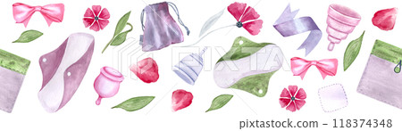 A menstrual cup, a period pad, a fabric pouch ribbons petals watercolor seamless border isolated on white. Great for eco-friendly menstrual care design, packaging, websites, tape Sustainable lifestyle 118374348