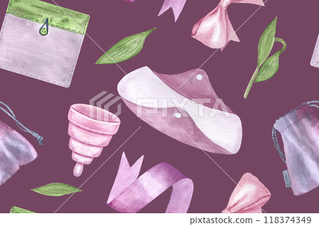 A period pad, menstrual cups, cover, ribbon watercolor seamless pattern on purple background. Menstrual protection items. Ideal for packaging, website background. Sustainable lifestyle choices of A period pad, menstrual cups, cover, ribbon watercolor seamless pattern on purple background. Menstrual protection items. Ideal for packaging, website background. Sustainable lifestyle choices of 118374349