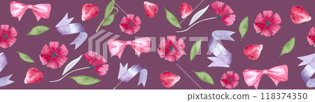 A satin bow, a pink petal and flower watercolor seamless border on red-purple background. Great for female products decor, stationary, packages, tape, cards, labels, banners mother's day design 118374350