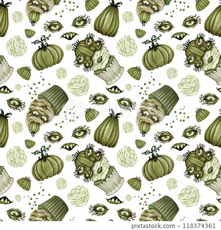 Seamless pattern of crazy green Halloween cupcakes with human eyes and lips, decorated with pumpkin hats. Monochrome watercolor template for invitations, menus, posters, cards, cards, stickers Seamless pattern of crazy green Halloween cupcakes with human eyes and lips, decorated with pumpkin hats. Monochrome watercolor template for invitations, menus, posters, cards, cards, stickers 118374361