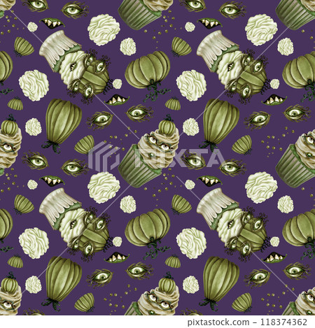 Seamless pattern of crazy green Halloween cupcakes with human eyes and lips, decorated with pumpkin hats. Monochrome watercolor template for invitations, menus, posters, cards, cards, stickers 118374362