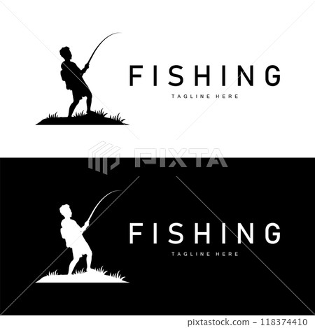 fishing logo black silhouette angler design and outdoor sunset 118374410