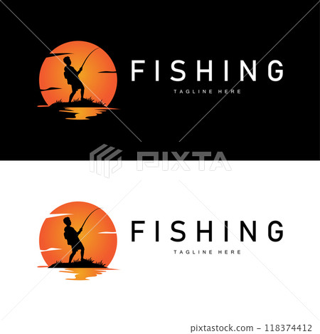 fishing logo black silhouette angler design and outdoor sunset fishing logo black silhouette angler design and outdoor sunset 118374412
