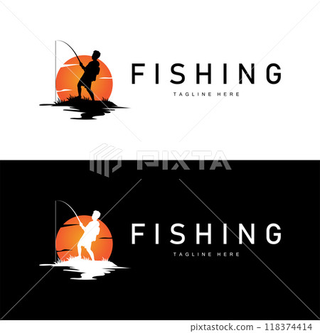 fishing logo black silhouette angler design and outdoor sunset fishing logo black silhouette angler design and outdoor sunset 118374414