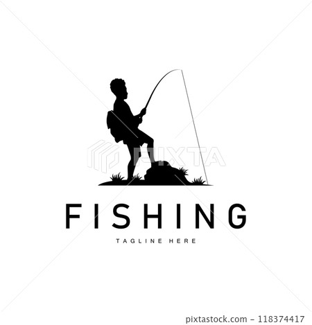 fishing logo black silhouette angler design and outdoor sunset 118374417