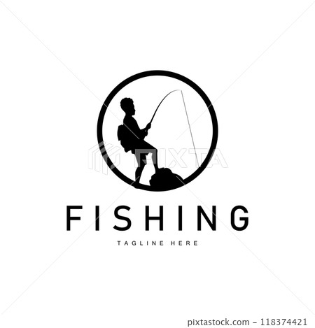 fishing logo black silhouette angler design and outdoor sunset 118374421
