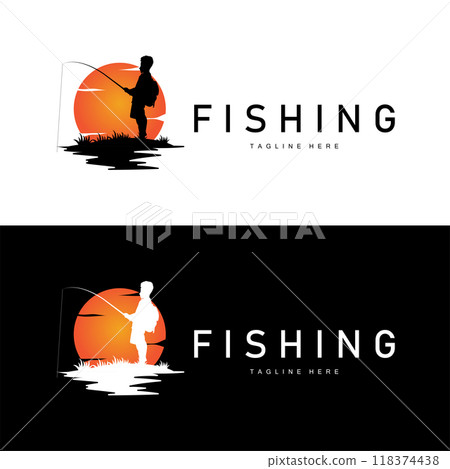 fishing logo black silhouette angler design and outdoor sunset fishing logo black silhouette angler design and outdoor sunset 118374438