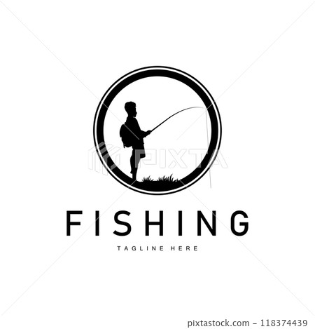 fishing logo black silhouette angler design and outdoor sunset fishing logo black silhouette angler design and outdoor sunset 118374439