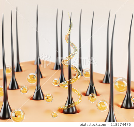 Hair care 3d render background. Scalp skin with follicles, golden oil drops and liquid spiral wave swirl. Nourish, repair and treatment cosmetic product, keratin, shampoo or serum. 3D illustration Hair care 3d render background. Scalp skin with follicles, golden oil drops and liquid spiral wave swirl. Nourish, repair and treatment cosmetic product, keratin, shampoo or serum. 3D illustration 118374476