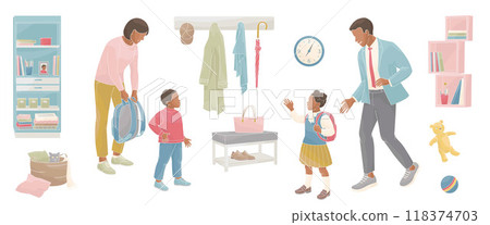 African American family parents father and mother are seeing their children, a boy and a girl, off to  primary school 118374703