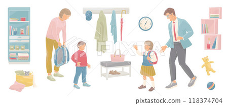 family parents father and mother are seeing their children, a boy and a girl, off to  primary school 118374704