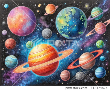 Planetary system with multiple planets, large brightly colored gas giant and a rocky planet. Bright stars and a vast expanse of dark space with a galaxy in background. Space spaces. Cosmonautics. AI 118374824