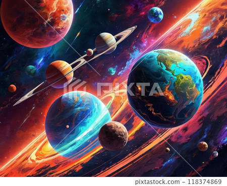 Planetary system with multiple planets, large brightly colored gas giant and a rocky planet. Bright stars and a vast expanse of dark space with a galaxy in background. Space spaces. Cosmonautics. AI 118374869