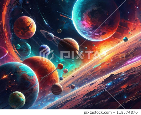 Planetary system with multiple planets, large brightly colored gas giant and a rocky planet. Bright stars and a vast expanse of dark space with a galaxy in background. Space spaces. Cosmonautics. AI 118374870