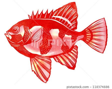 一種名為紅頸鹮的魚的剪紙插圖，其顏色類似於日落的顏色。 118374886