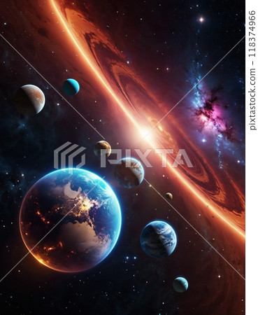 Planetary system with multiple planets, large brightly colored gas giant and a rocky planet. Bright stars and a vast expanse of dark space with a galaxy in background. Space spaces. Cosmonautics. AI 118374966