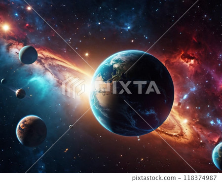 Planetary system with multiple planets, large brightly colored gas giant and a rocky planet. Bright stars and a vast expanse of dark space with a galaxy in background. Space spaces. Cosmonautics. AI 118374987
