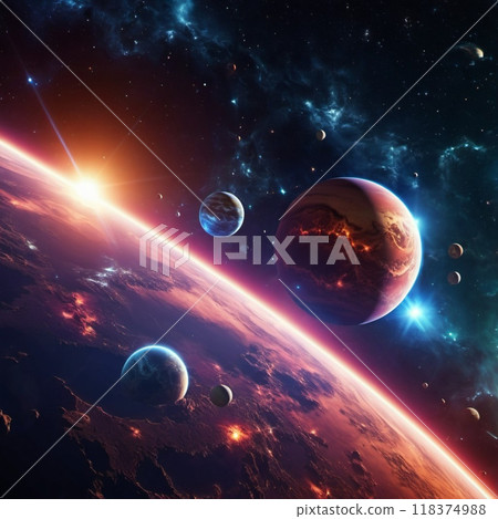 Planetary system with multiple planets, large brightly colored gas giant and a rocky planet. Bright stars and a vast expanse of dark space with a galaxy in background. Space spaces. Cosmonautics. AI Planetary system with multiple planets, large brightly colored gas giant and a rocky planet. Bright stars and a vast expanse of dark space with a galaxy in background. Space spaces. Cosmonautics. AI 118374988