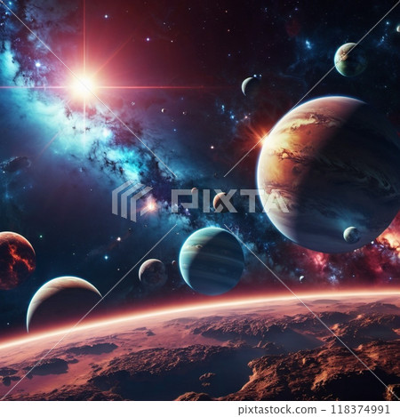 Planetary system with multiple planets, large brightly colored gas giant and a rocky planet. Bright stars and a vast expanse of dark space with a galaxy in background. Space spaces. Cosmonautics. AI 118374991