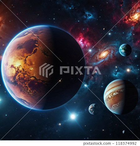Planetary system with multiple planets, large brightly colored gas giant and a rocky planet. Bright stars and a vast expanse of dark space with a galaxy in background. Space spaces. Cosmonautics. AI 118374992