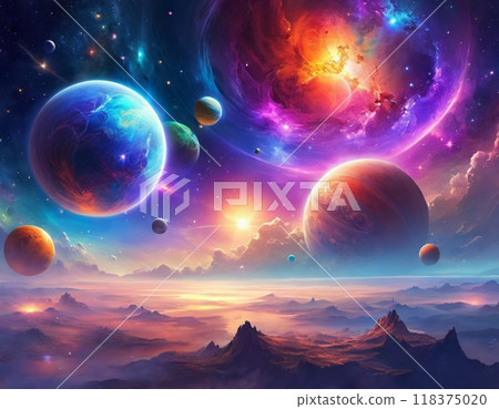 Planetary system with multiple planets, large brightly colored gas giant and a rocky planet. Bright stars and a vast expanse of dark space with a galaxy in background. Space spaces. Cosmonautics. AI 118375020