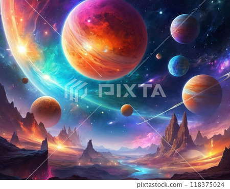 Planetary system with multiple planets, large brightly colored gas giant and a rocky planet. Bright stars and a vast expanse of dark space with a galaxy in background. Space spaces. Cosmonautics. AI 118375024