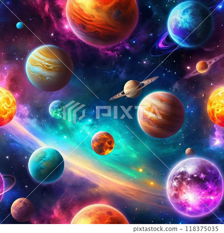 Planetary system with multiple planets, large brightly colored gas giant and a rocky planet. Bright stars and a vast expanse of dark space with a galaxy in background. Space spaces. Cosmonautics. AI 118375035