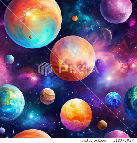 Planetary system with multiple planets, large brightly colored gas giant and a rocky planet. Bright stars and a vast expanse of dark space with a galaxy in background. Space spaces. Cosmonautics. AI 118375037