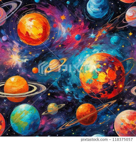 Planetary system with multiple planets, large brightly colored gas giant and a rocky planet. Bright stars and a vast expanse of dark space with a galaxy in background. Space spaces. Cosmonautics. AI 118375057