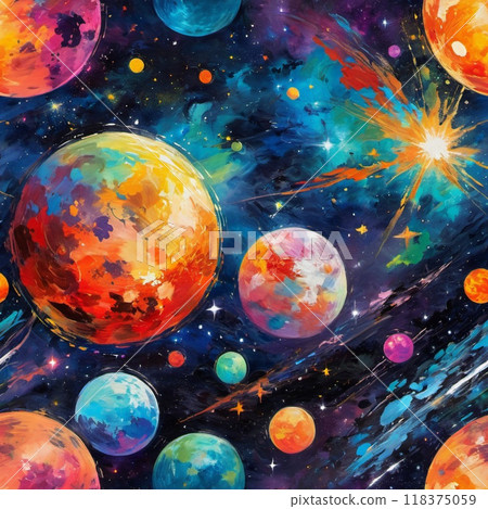 Planetary system with multiple planets, large brightly colored gas giant and a rocky planet. Bright stars and a vast expanse of dark space with a galaxy in background. Space spaces. Cosmonautics. AI 118375059