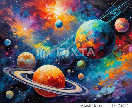 Planetary system with multiple planets, large brightly colored gas giant and a rocky planet. Bright stars and a vast expanse of dark space with a galaxy in background. Space spaces. Cosmonautics. AI 118375065