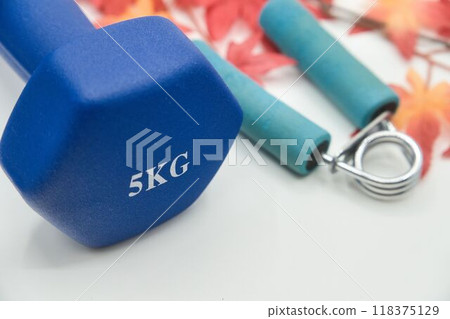 Blue dumbbells and autumn leaves Blue dumbbells and autumn leaves 118375129