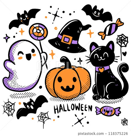 Cute Halloween Doodle with Ghost and Black Cat Cute Halloween Doodle with Ghost and Black Cat 118375226